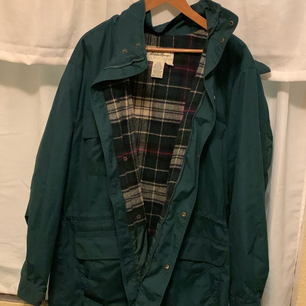 Eddie Bauer Forest Green Plaid Rain Jacket L